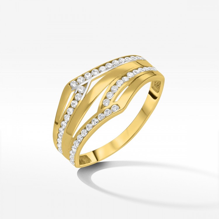 Złoty przeplatany pierścionek z cyrkoniami