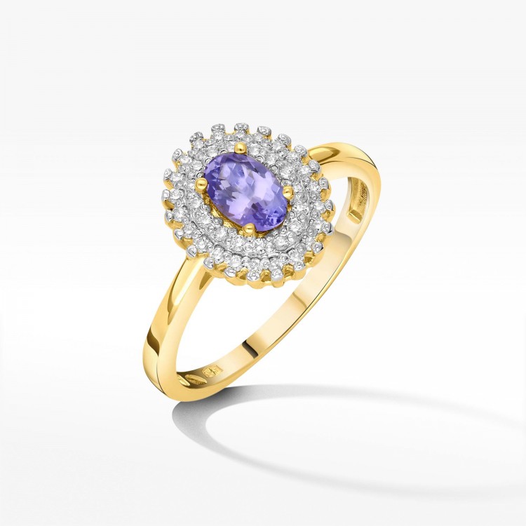 Złoty pierścionek z tanzanitem i diamentami