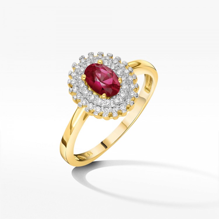Złoty pierścionek z rubinem i diamentami