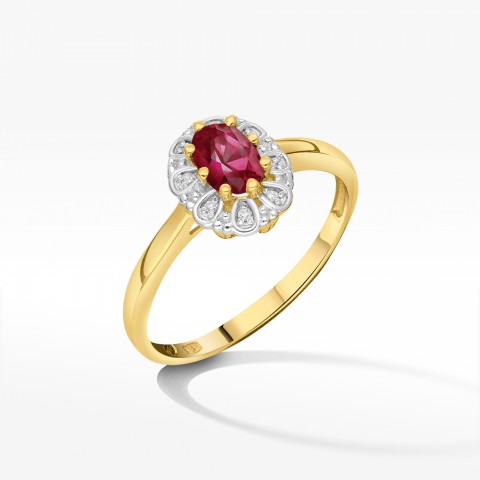 Złoty pierścionek z rubinem i diamentami