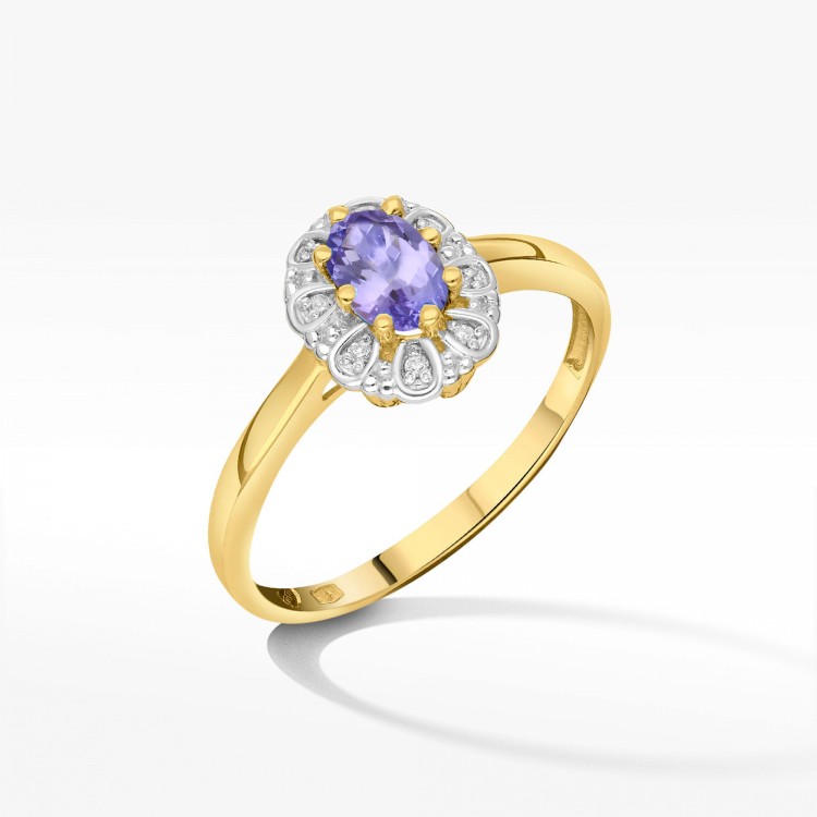 Złoty pierścionek z tanzanitem i diamentami