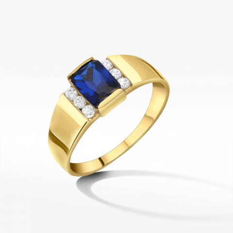 Pierścionek ze złota z niebieską i białymi cyrkoniami