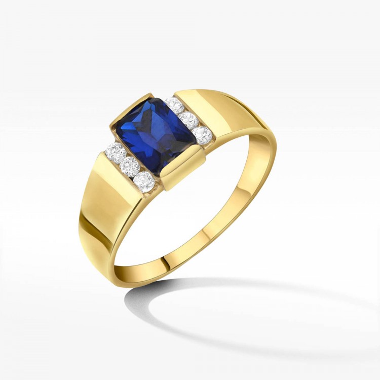 Pierścionek ze złota z niebieską i białymi cyrkoniami