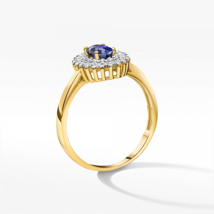 Złoty pierścionek z szafirem i diamentami