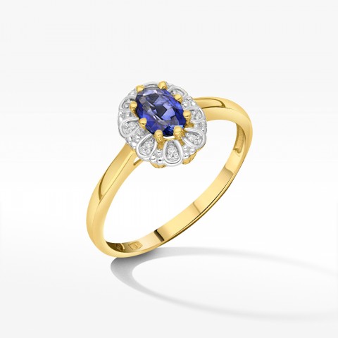 Złoty pierścionek z szafirem i diamentami
