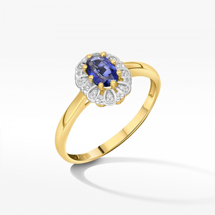 Złoty pierścionek z szafirem i diamentami