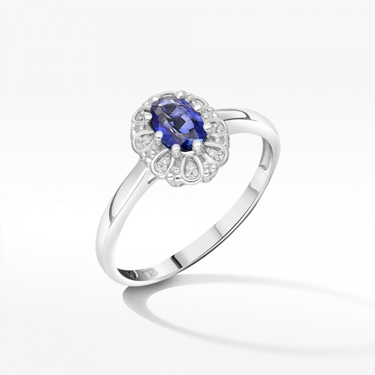 Złoty pierścionek z szafirem i diamentami