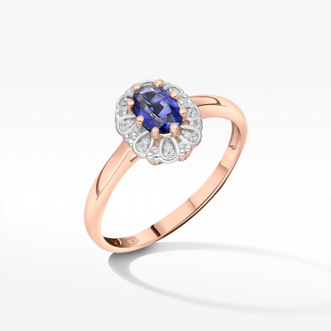 Złoty pierścionek z szafirem i diamentami