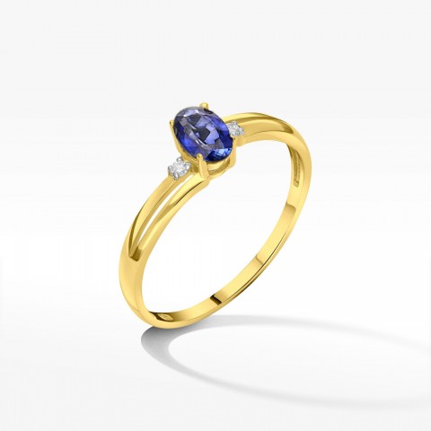 Złoty pierścionek z szafirem i diamentami