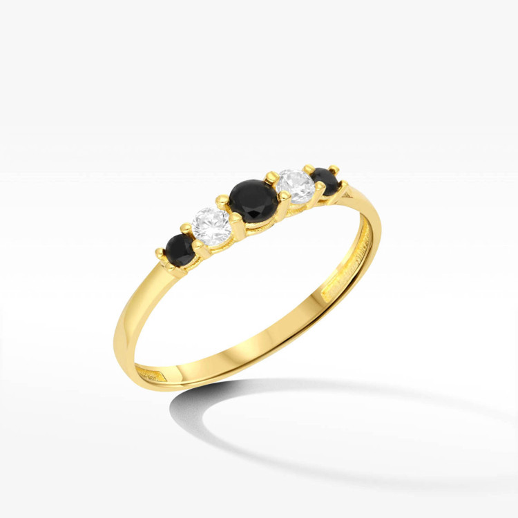 Pierścionek ze złota z biało-czarnymi cyrkoniami