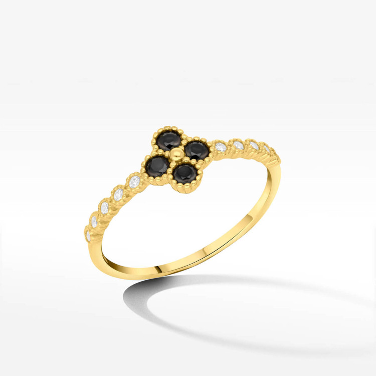 Pierścionek ze złota z czarnymi i białymi cyrkoniami