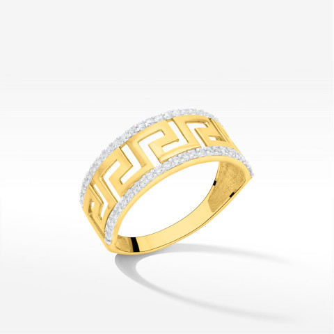 Pierścionek ze złota z wzorem greckim i cyrkoniami