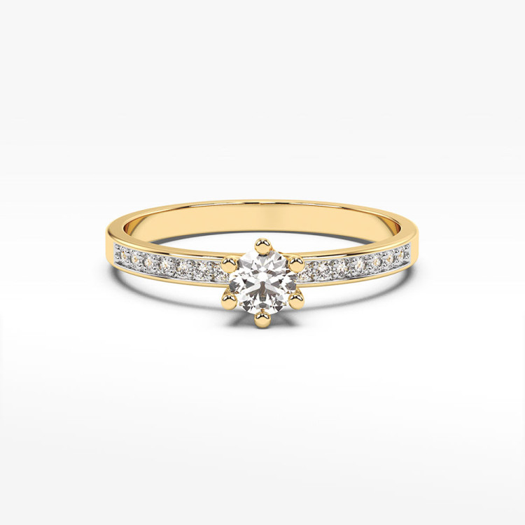 Pierścionek zaręczynowy z żółtego złota bogato zdobiony diamentami