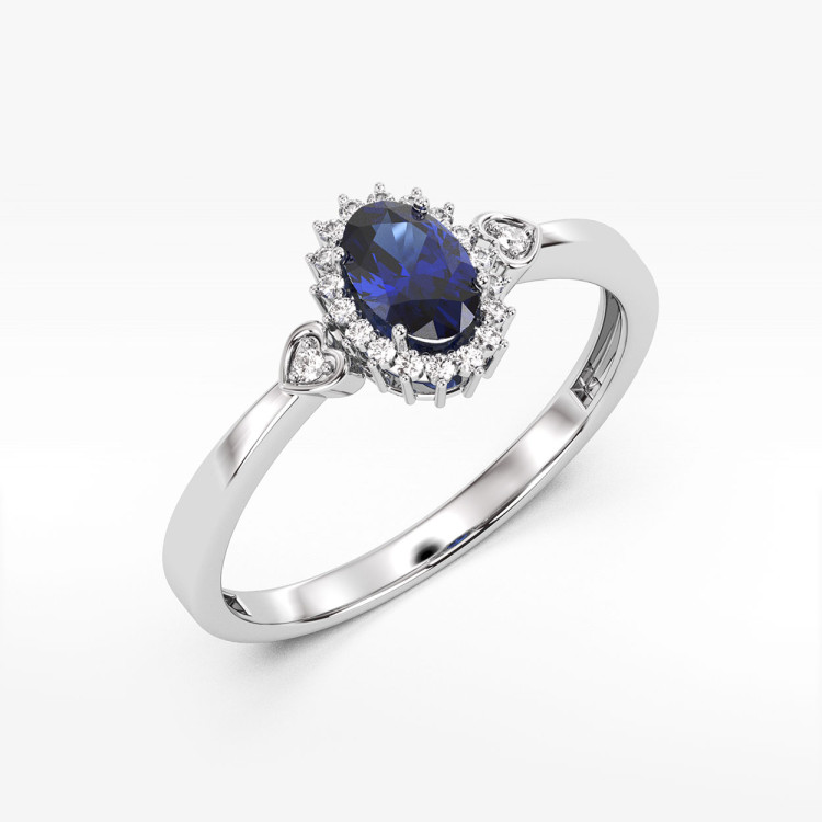 Pierścionek z białego złota z szafirem i diamentami