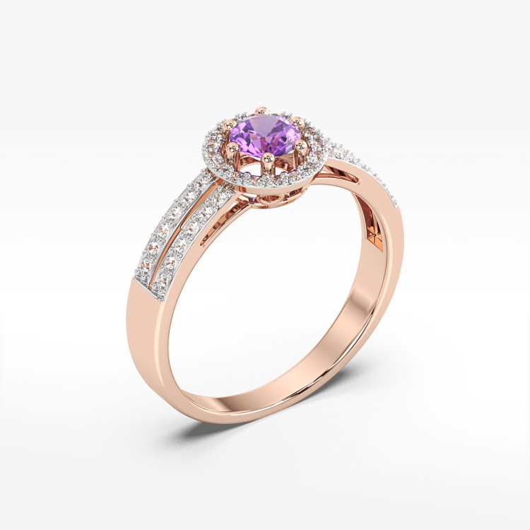 Złoty pierścionek z ametystem i diamentami