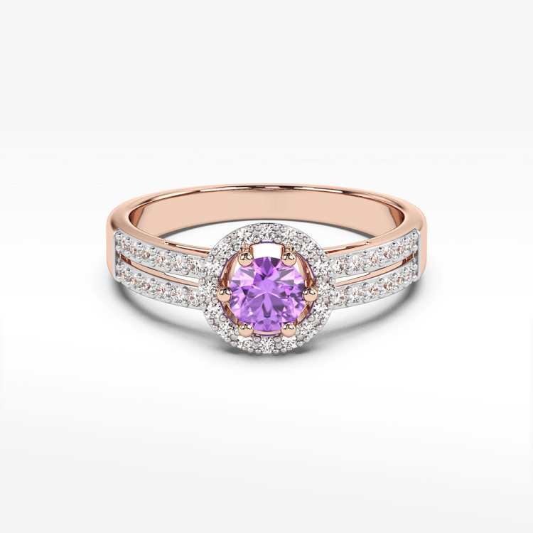 Złoty pierścionek z ametystem i diamentami