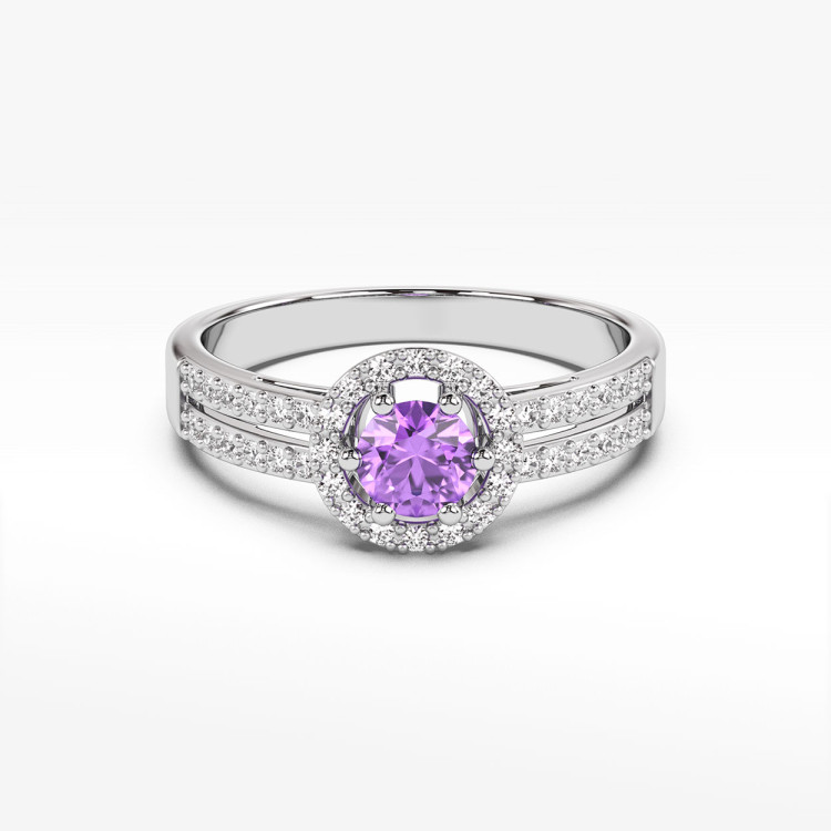 Złoty pierścionek z ametystem i diamentami