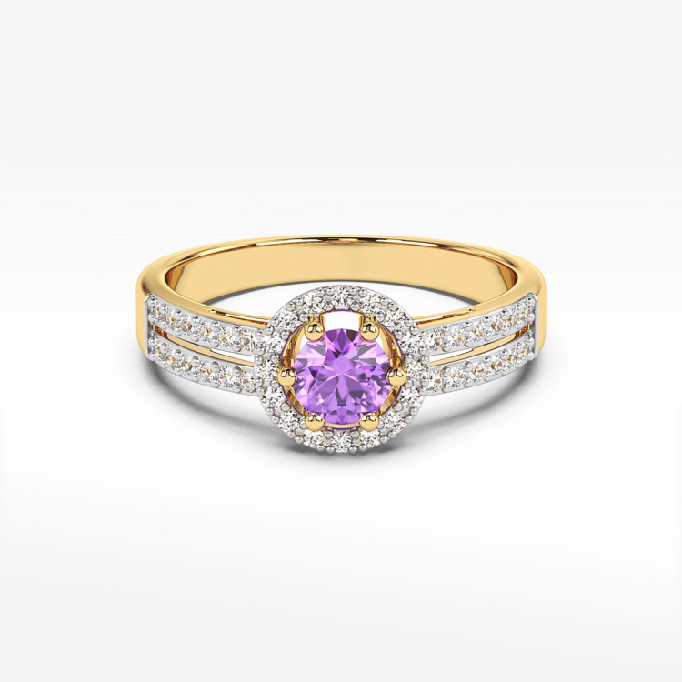Złoty pierścionek z ametystem i diamentami