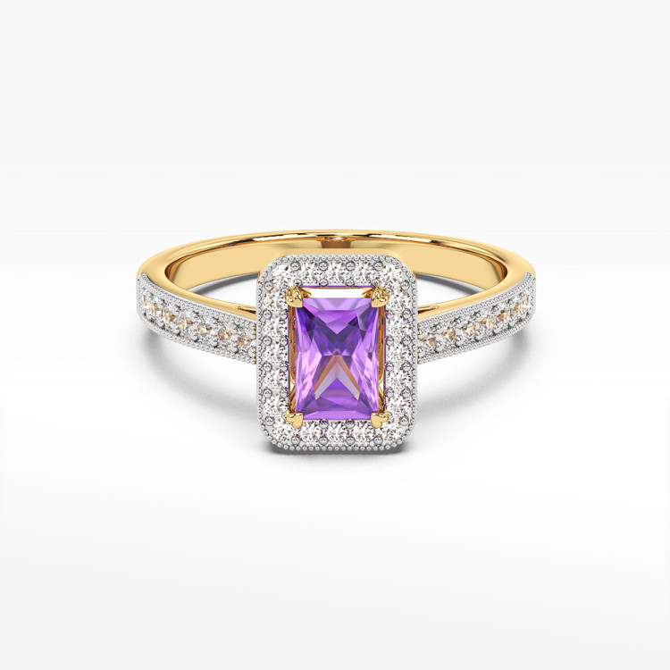 Złoty pierścionek z ametystem i diamentami