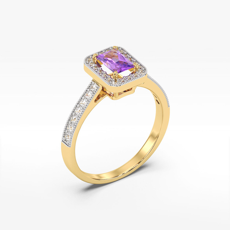 Złoty pierścionek z ametystem i diamentami