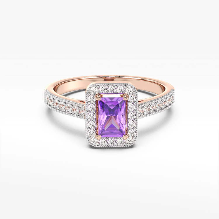 Złoty pierścionek z ametystem i diamentami