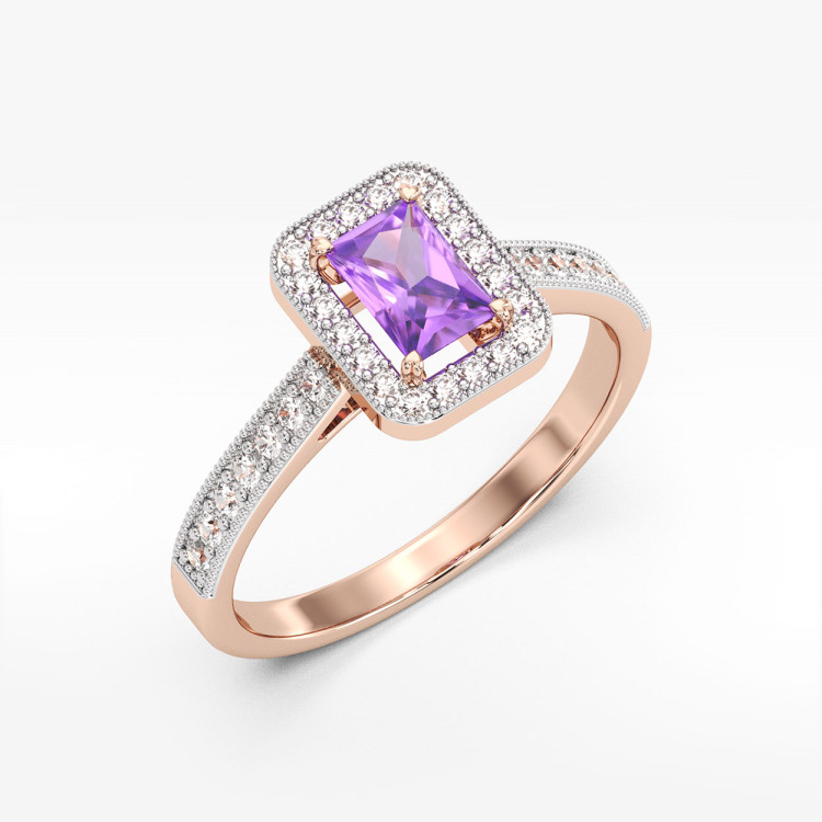 Złoty pierścionek z ametystem i diamentami