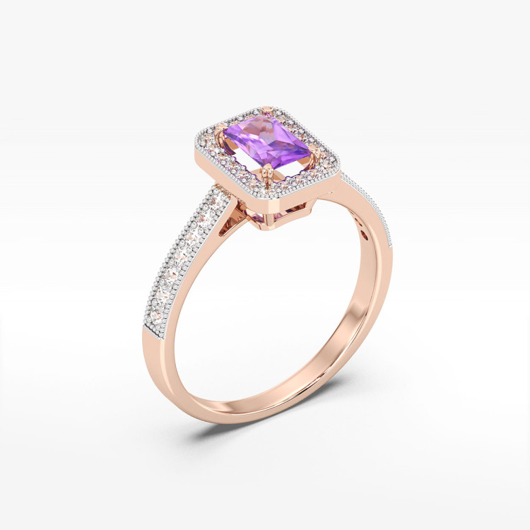 Złoty pierścionek z ametystem i diamentami