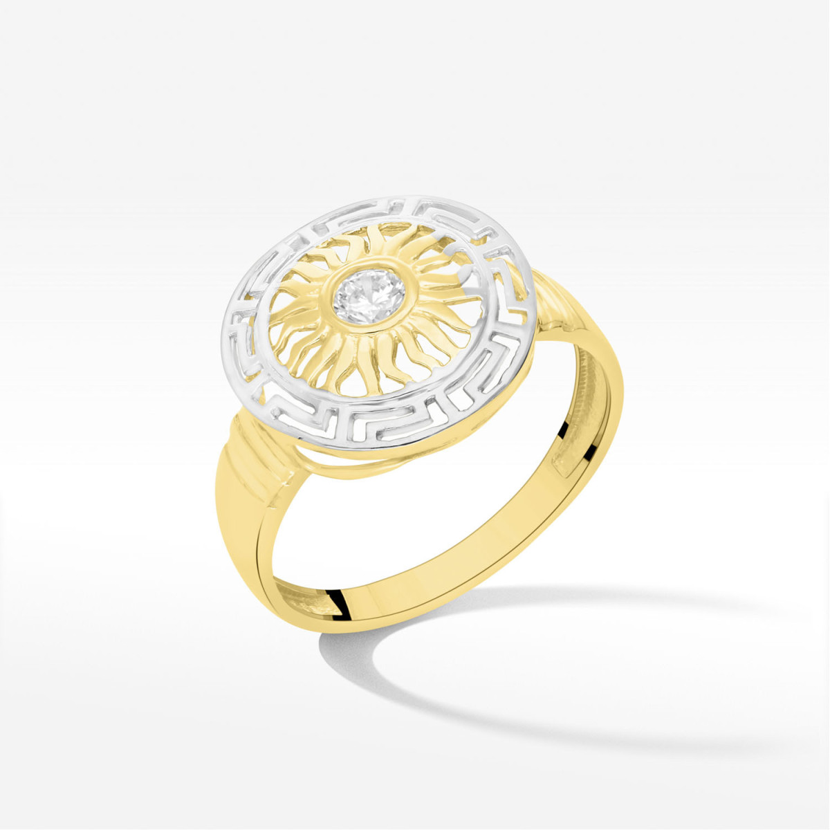 Pierścionek ze złota wzór grecki z cyrkonią