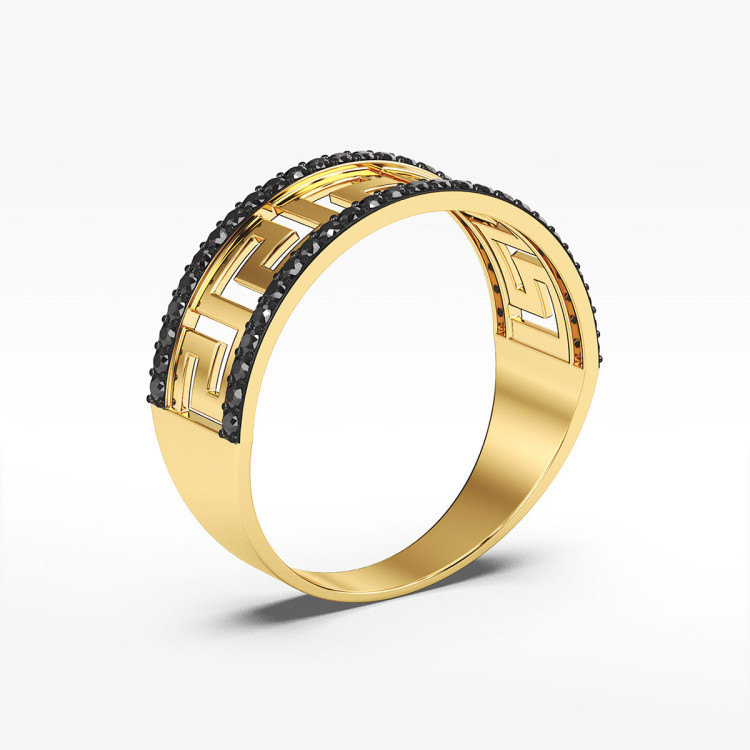 Pierścionek ze złota z czarnymi cyrkoniami wzór grecki