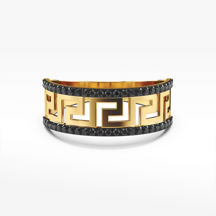 Pierścionek ze złota z czarnymi cyrkoniami wzór grecki