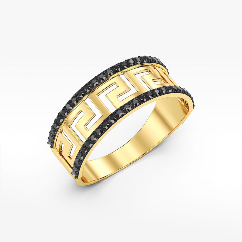 Pierścionek ze złota z czarnymi cyrkoniami wzór grecki