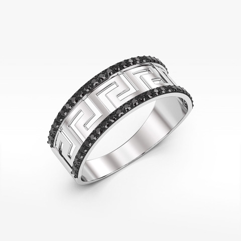 Pierścionek ze złota z czarnymi cyrkoniami wzór grecki