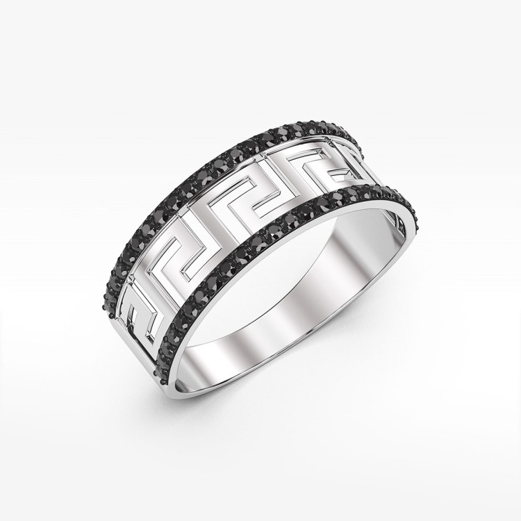 Pierścionek ze złota z czarnymi cyrkoniami wzór grecki