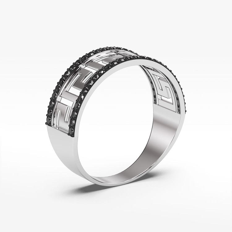 Pierścionek ze złota z czarnymi cyrkoniami wzór grecki