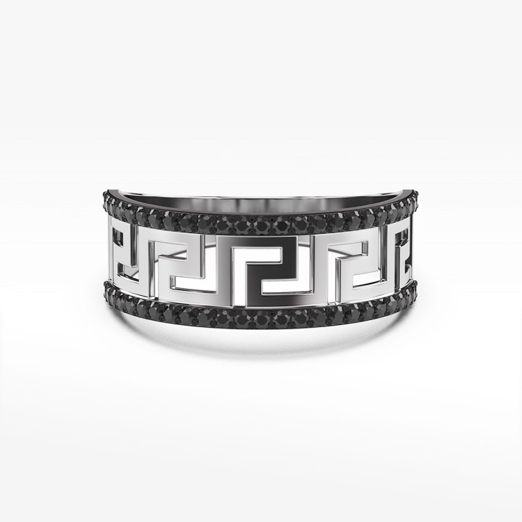 Pierścionek ze złota z czarnymi cyrkoniami wzór grecki