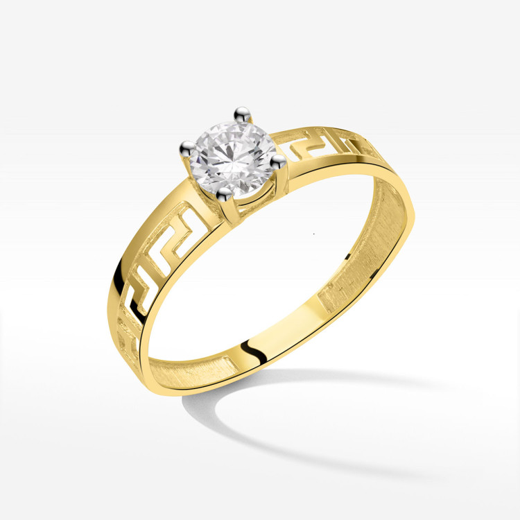 Pierścionek ze złota z cyrkonią i wzorem greckim