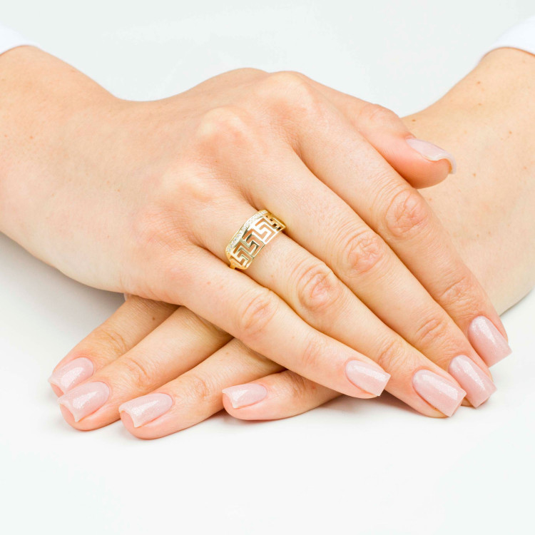 Pierścionek ze złota z białymi cyrkoniami wzór grecki