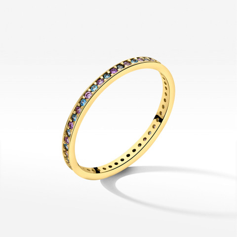 Pierścionek ze złota z fioletowymi i niebieskimi cyrkoniami