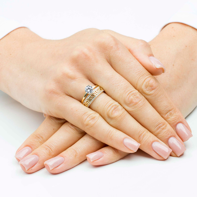 Pierścionek ze złota z białymi cyrkoniami wzór grecki