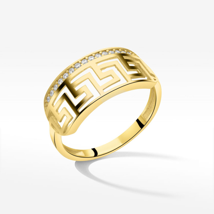 Pierścionek ze złota z białymi cyrkoniami wzór grecki