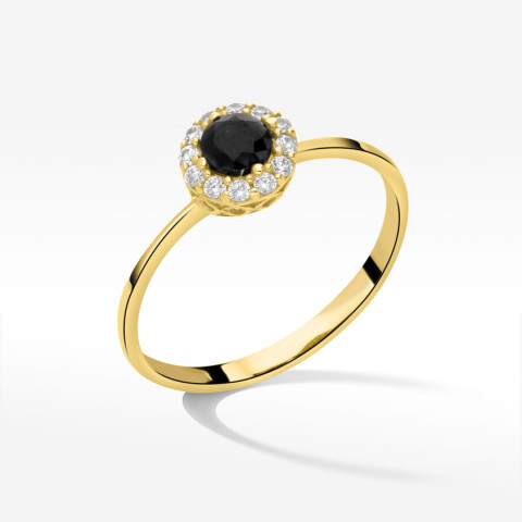 Pierścionek ze złota z czarną i białymi cyrkoniami