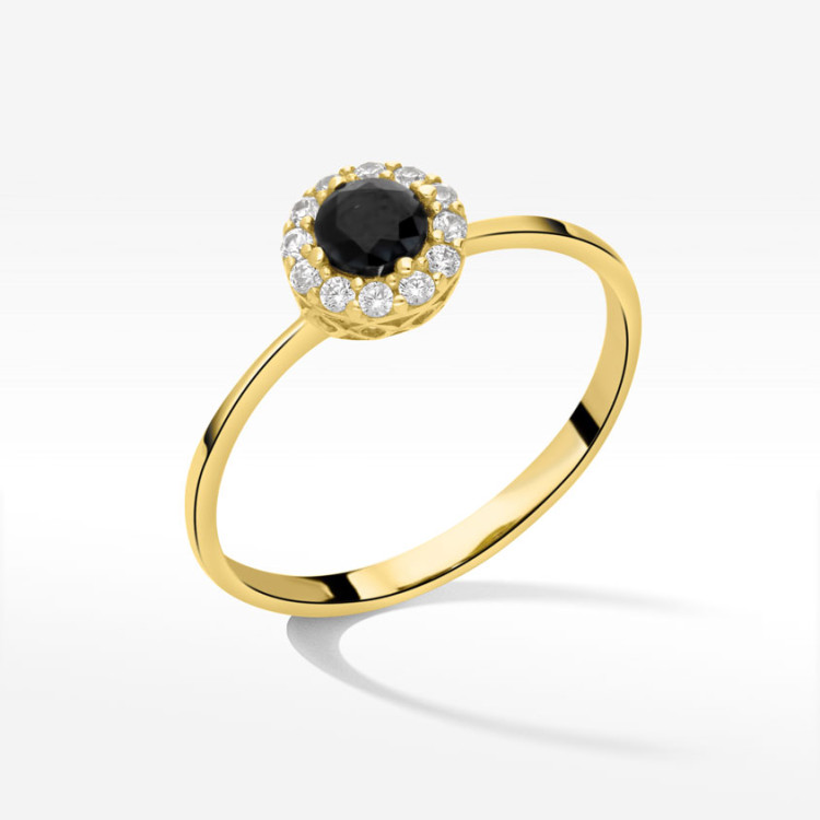 Pierścionek ze złota z czarną i białymi cyrkoniami