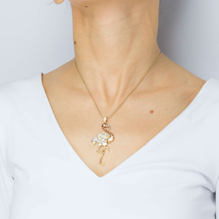 Zawieszka ze złota flaming z białymi cyrkoniami