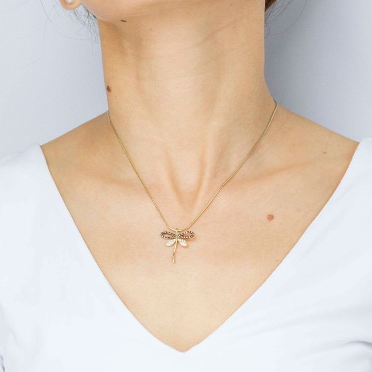 Zawieszka ze złota ważka z czarnymi i białymi cyrkoniami