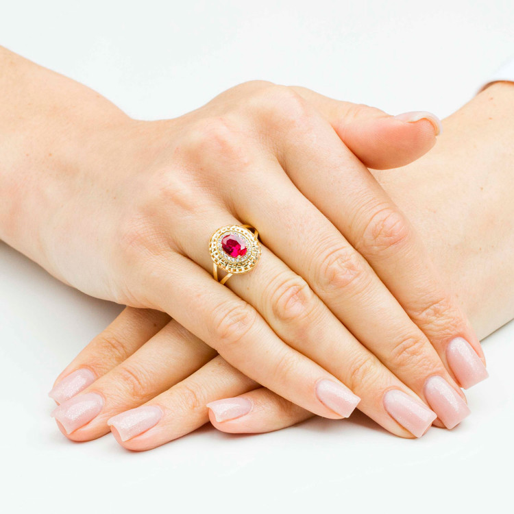 Pierścionek ze złota z różową i białymi cyrkoniami