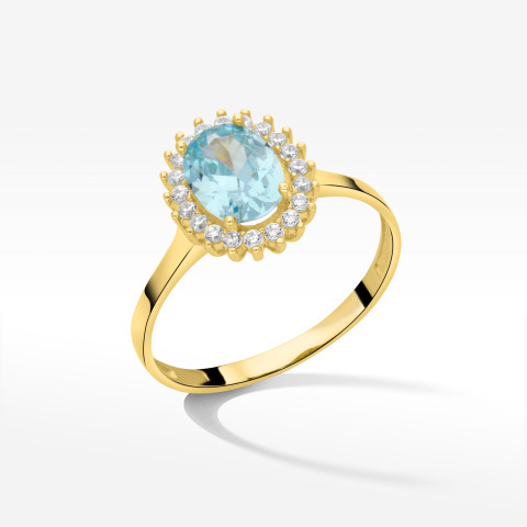 Pierścionek ze złota z niebieską i białymi cyrkoniami