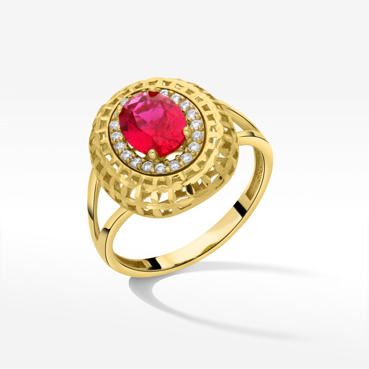 Pierścionek ze złota z różową i białymi cyrkoniami