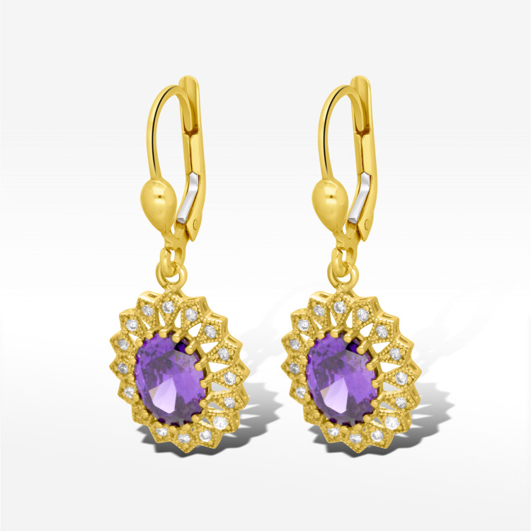 Kolczyki ze złota z fioletową i białymi cyrkoniami