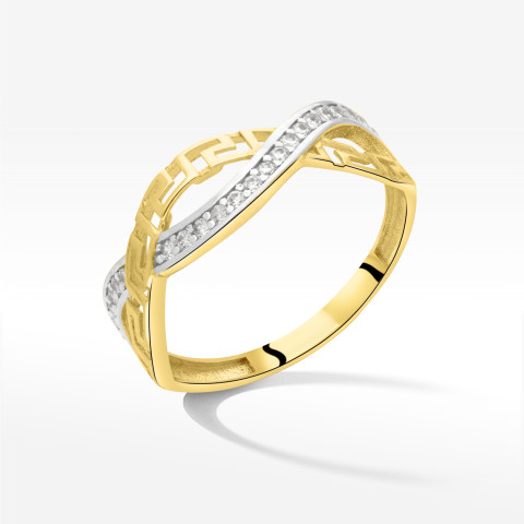 Pierścionek ze złota z białymi cyrkoniami i wzorem greckim