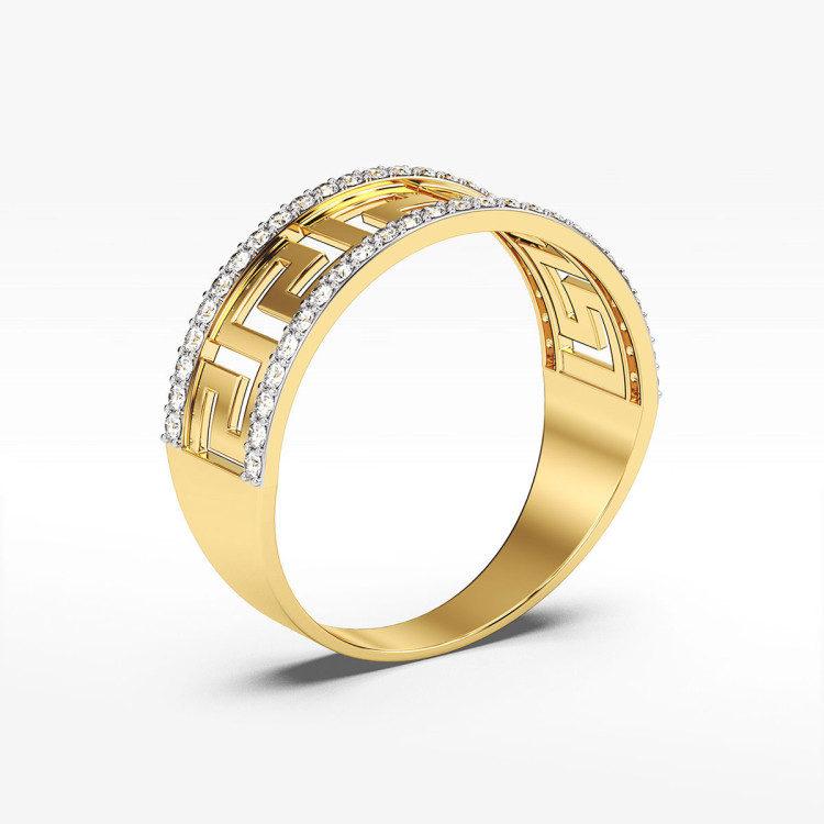 Pierścionek ze złota z białymi cyrkoniami i wzorem greckim